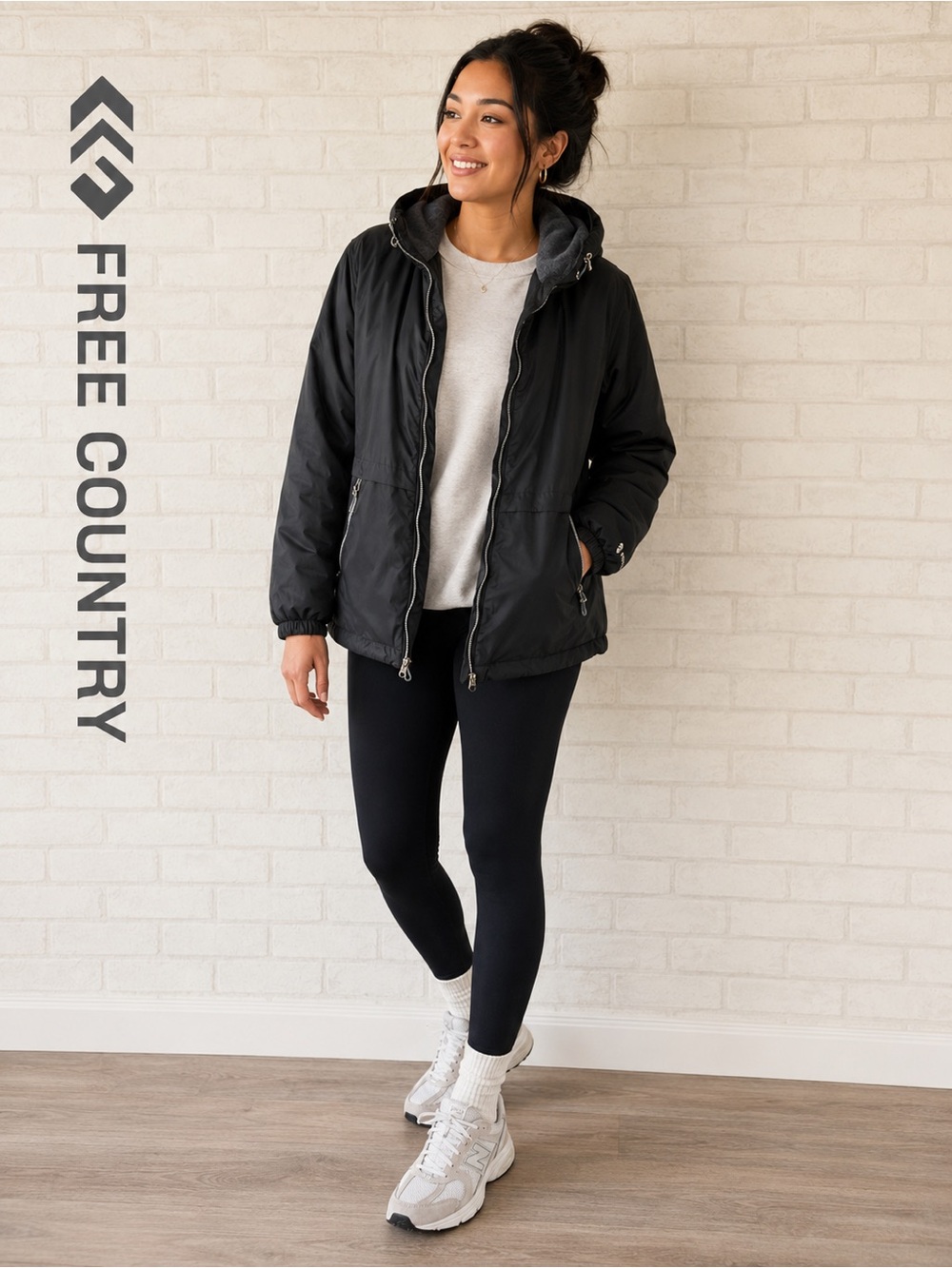 Free Country Black Fleece-Lined Hooded Windbreaker Jacket Size L